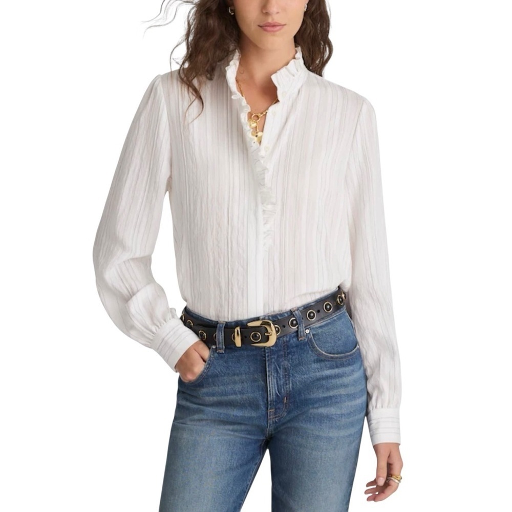Madewell Women’s Ruffled Button-Up Viscose Blend Blouse NWT XS Classic White